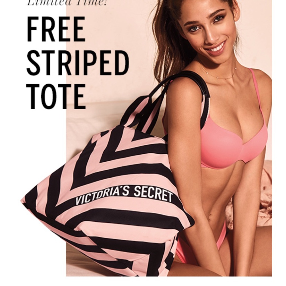 VS pink and black stripe tote bag. New